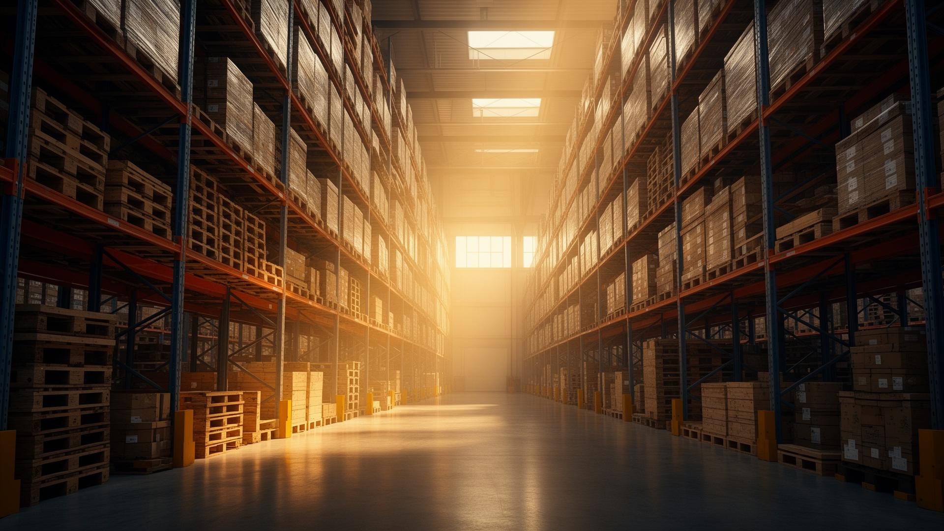 Interior of a large warehouse with towering pallet racking