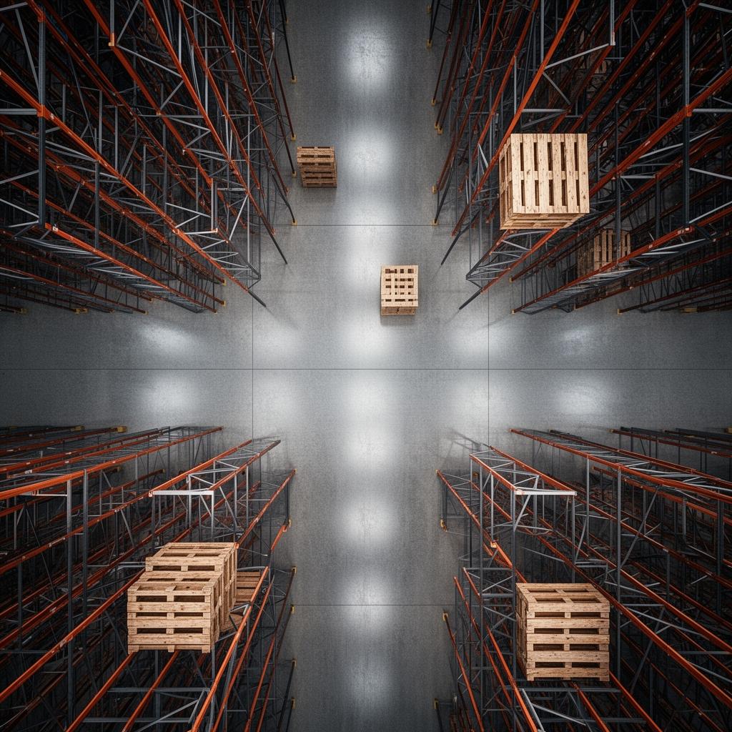Top-down view of warehouse pallet racking and open floor
